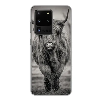 Produktbild von MuchoWow® Handyhülle Schutzhülle Hülle für Samsung Galaxy S20 Ultra Schottischer Highlander - Schwarz und Weiß Silikon Softcase Handy Hülle - Karteninhaber