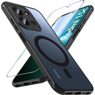 Immagine prodotto di Custodia protettiva con vetro temperato per Xiaomi Redmi 15C, magnetica, antiurto, opaca, nera