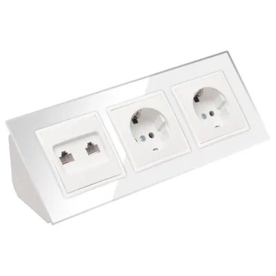 Produktbild von Glas Ecksteckdose 3-fach Steckdose 2xRJ45 Steckdosenblock 45° Verteilerdose weiß.