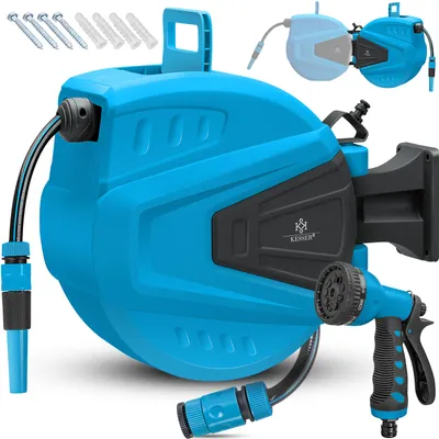 Produktbild von KESSER® Schlauchtrommel Wasser Schlauchaufroller Inkl. 2-Wege-Verteiler + Multi-Handbrause Wasserschlauchtrommel Automatik | 180° Schwenkbar | Wandhalterung | Gartenschlauch | Orange