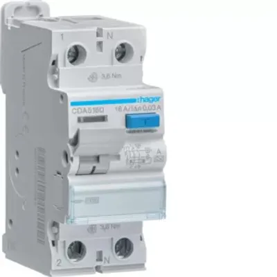 Immagine prodotto di Hager CDA516D. Frequenza di ingresso: 50 Hz, Corrente nominale: 16 A, Perdita di potenza totale: 0,51 W. Tipo di interruttore: Protezione contro le correnti residue