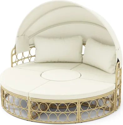 Produktbild von COSTWAY Sonneninsel PE-Rattan, Tagesbett rund mit Beistelltisch, einziehbarem Baldachin & Kissen, Gartenlounge getrennte Sitzgruppen Sofamöbelset