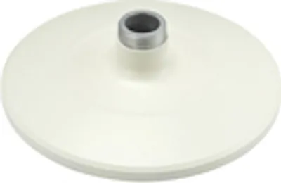 A close-up, isolated shot of a white hair clipper base with a metal ring in the center.