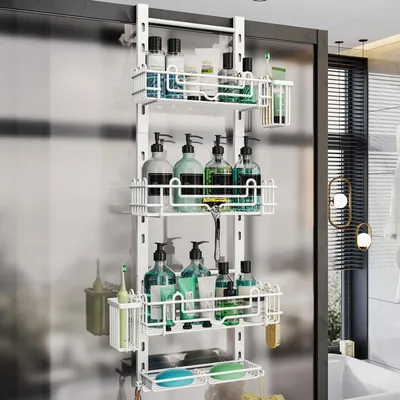 Produktbild von Duschorganizer 4 Ablagen, zum Hängen, 22 Haken, 2 Zahnbürstenhalter, verstellbar, weiß, für Badezimmer