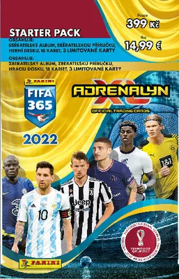 Marketing image for a FIFA 365 Adrenalyn XL starter pack, featuring several football players and product details.