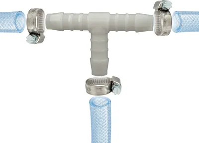 Produktbild von tecuro Schlauchverbinder T Stück allseitig Ø 12 mm, mit Edelstahlschlauchschellen - Nylon weiß