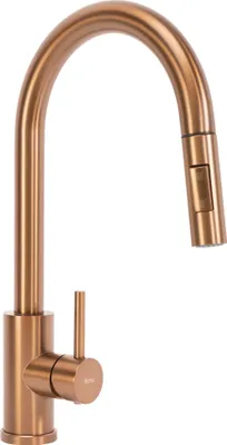 A copper-colored kitchen faucet with a pull-down sprayer.