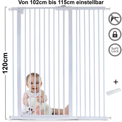 Produktbild von Absperrgitter Treppenschutzgitter Metall weiß + Rampe 102 -115cm 120cm hoch