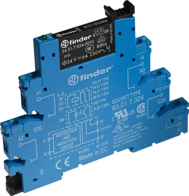 Immagine prodotto di Relè di accoppiamento Finder 24 V CA/CC, 1 inversore 6 A, morsetto a vite – 38.51, 10 pezzi.