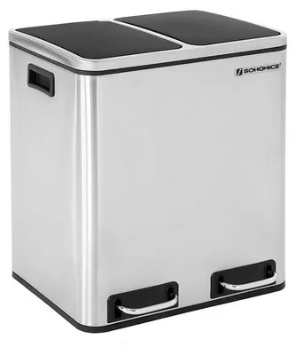 Productafbeelding van Vuilnisbak van 30 liter met automatische dekselsluiting, roestvrij staal, zilver – 39,5 x 48 x 30,5 cm