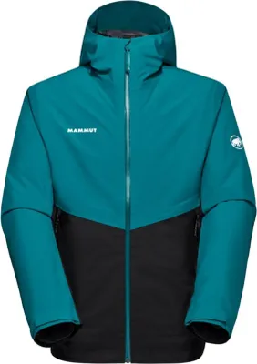 A studio shot of a teal and black hooded jacket.