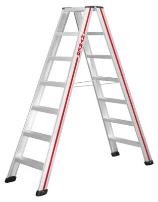 Produktbild von Hymer Stufenstehleiter, beidseitig begehbar, 2x7 Stufen, senkr. Höhe 1,60 m, Reichhöhe 3,14 m, Gewicht 9,5 kg