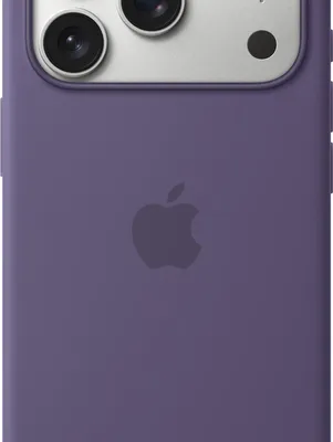 A close-up view of the back of a purple iPhone case, showing the Apple logo and the camera bump.
