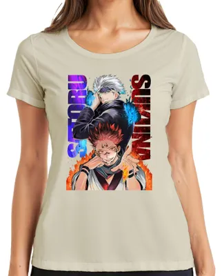 Imagen del producto de Camiseta para mujer con diseño de Jujutsu Kaisen, con la imagen de Gojo Satoru y Sukuna, con detalles de "ojos de llama". Talla: L