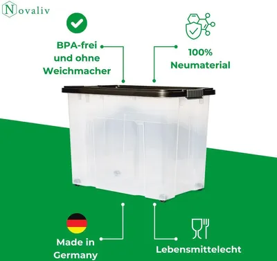 Immagine prodotto di Novaliv Contenitore XXL con coperchio Large 80L Antracite Contenitore in plastica impilabile con chiusura a clip Eurobox con coperchio Senza BPA 61x40x45 cm