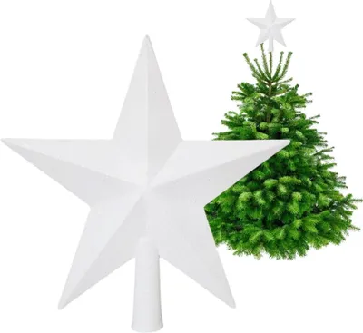 A white star-shaped Christmas tree topper is shown in the foreground, with a decorated Christmas tree in the background.