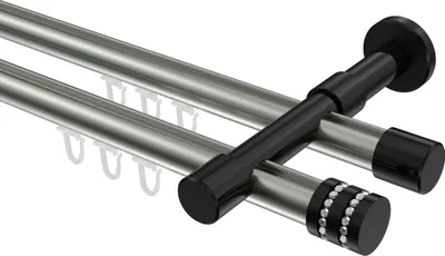 Produktbild von Interdeco Innenlaufstange / Gardinenstange mit Innenlauf Edelstahl-Optik / Schwarz, Typ Prestige Estana (Glitzerkappe), 20 mm Ø 2-läufig, 320 cm