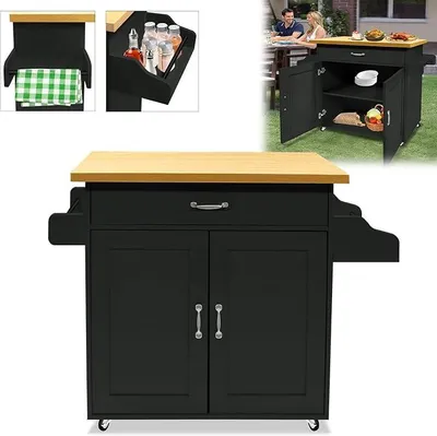 Produktbild von Küchenwagen auf Rollen Küchenschrank mit Schubladen und Schranktür Kücheninsel mit Arbeitsplatte Küchenrollwagen Servierwagen Rollwagen für Küche Esszimmer - 115 x 36 x 90 cm, Schwarz