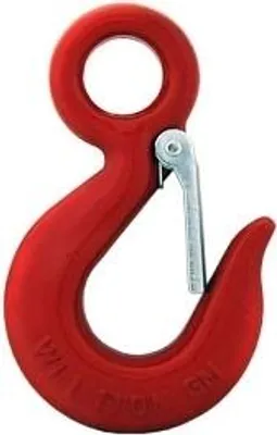 A red lifting hook with a silver safety latch is shown against a white background.