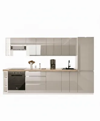 Produktbild von Küchenzeile 340 cm Küchenblock Einbauküche ohne E-Geräten , Aspen KA12-M340, Grau/Hochglanz