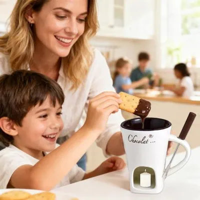 Produktbild von Schokofondue Tasse Inklusive Gabeln Und Kerzen, 8.3 * 11CM Keramik Käsefondue Set, Schokoladenfondue Tasse, Schoko Fondue, Mit Integrierter Wärmespeicherstruktur