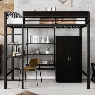 Zdjęcie produktu dla Łóżko piętrowe 90x200 cm z biurkiem, szafą i półkami, łóżko dziecięce z 5-stopniową drabinką, EN747, metalowa rama, czarne