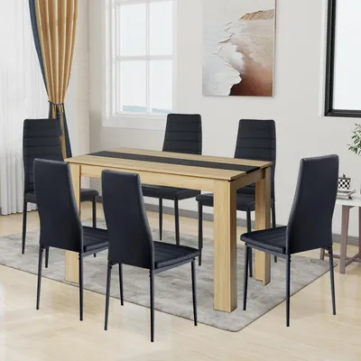 Obrázek produktu pro Jídelní stůl Essgruppe s 6 židlemi, umělá kůže, vysoké opěradlo, dubový Imitace, černá barva, rozměry 110 cm