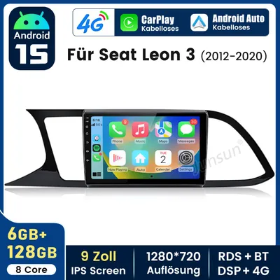 Obrázok produktu pre 9-palcové autorádio s Androidom 15, CarPlay, GPS navigáciou, Wi-Fi, 4G, Bluetooth, DAB+, ovládaním na volante, USB, DSP a RDS, 6 GB RAM a 128 GB úložiska, 8-jadrový procesor, určené pre vozidlá Seat Leon 5F1, 5F5, modelové roky 2012-2020