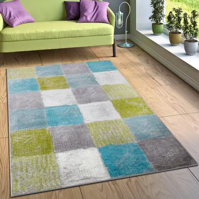 Produktbild von Paco Home Teppich Wohnzimmer Kurzflor Abstraktes Geometrisches Kariertes Muster 60x100 cm