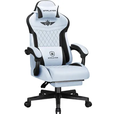 A white and black gaming chair with a headrest and lumbar support.