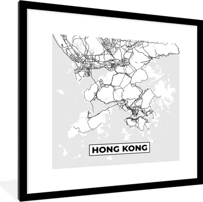 Produktbild von MuchoWow® Gerahmtes Poster Hongkong - Stadtplan - Schwarz und weiß - Karte 40x40 cm - Poster mit Schwarzem Bilderrahmen Wandposter Rahmen Foto Bilder - Poster - Plakat im Rahmen
