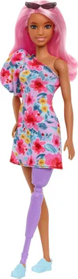 Produktbild von Barbie Fashionistas Puppe im schulterfreien Blumenkleid, pinke Haare, Beinprothese, für Kinder von 3 bis 8 Jahren