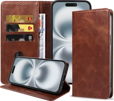 Produktbild von Smartphonica Handytasche passend für iPhone 16 Plus Kunstleder mit Magnetverschluss und Kartenhalter Buchhülle mit Klappe - Dunkelbraun