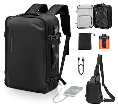 Obrázek produktu pro Vakuový batoh VEVOR, 65 l, rozšiřitelný vakuový kompresní cestovní batoh s pumpou, se zámkem schváleným TSA, nabíjecí port USB, voděodolné příruční zavazadlo, pro podnikání, černý