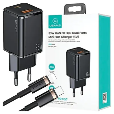 Produktbild von Usams Ład. Netzwerk. 1Xusb-C+1Xusb T43 33W Pd3.0 +Qc3.0 + Kabel U63 Usb-C To Lightning Schwarz/Schwarz Usktz01, KI-generiertes Bild