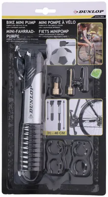 Produktbild von Dunlop Fahrrad Pumpe mini + 3 Adapter Fahrrad Auto Ball Ventil universell einsetzbar Luftpumpe