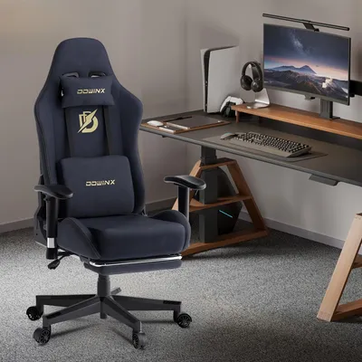 Obrázek produktu pro Herní židle – Ergonomická počítačová židle s podnožkou, nastavitelnou opěrkou hlavy a podloketníky – Maximální nosnost: 150 kg – Černá barva