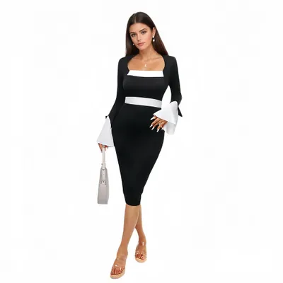 Produktbild von Damen figurbetontes Midi Abendkleid in Schwarz-Weiß, elegant mit langen Ärmeln, Größe 42