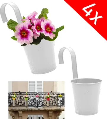 Produktbild von 4x Blumentopf Hängetopf Balkon Zaun Blumen Übertopf Kräuter Pflanz Topf Metall Weiß