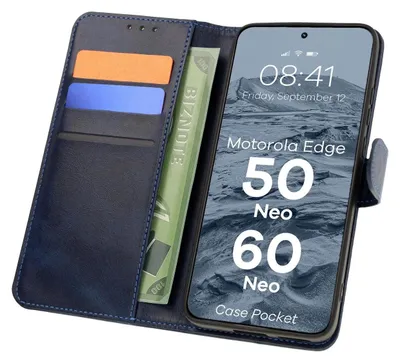 A navy blue flip case for a Motorola Edge 50 Neo phone, with cards and cash inserted.