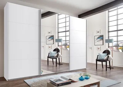 Obrázek produktu pro Šatní skříň Norderstedt s posuvnými dveřmi 360 cm široká se zrcadlem bílá