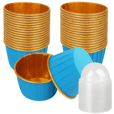 Produktbild von Muffinförmchen Blau Gold mit Deckel – 50+50 Stück – 50x40 mm – stabil – fettabweisend