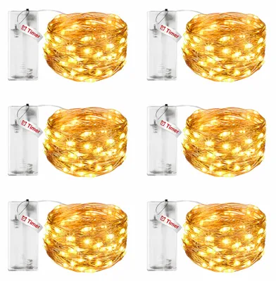 Productafbeelding van Litogo LED-lichtketting op batterijen met timer - Set van 6 - 3 m - 30 leds - Koperdraad - Lichtketting voor binnen