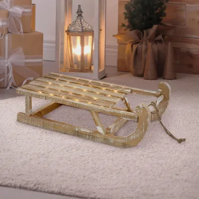 Produktbild von ECD Germany Deko Schlitten mit LEDs, 50,5x13,5x23,5 cm, Braun/Natur, aus Holz, Batterriebetrieben, Weihnachtsdeko Weihnachten Dekoschlitten Holzschlitten