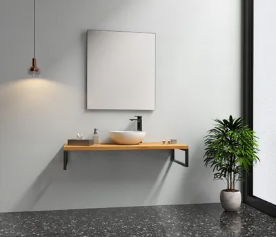 Produktbild von Badmöbel Set Holzplatte+ Keramik Waschbecken Waschale und Spiegel badezimmer Aufsatzwaschbecken Waschschale auf Holzplatte 95cm Waschtisch holz platte