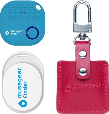 Produktbild von musegear® Essentials: Schlüsselfinder mit Bluetooth App aus Deutschland I Special Bundle: Finder Mini weiß, Finder 2 hellblau, Finder 2 in Ledertasche Bordeaux I Maximaler Datenschutz