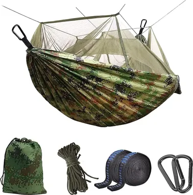 Produktbild von Camping Hängematte mit Moskitonetz, Tragbare Doppel- / Einzelreisehängematte Insektennetz 210D Nylon Hängematte Schaukel für Hinterhof, Garten, Camping, Rucksackreisen, Überleben Reisen