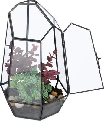 Zdjęcie produktu dla Terrarium roślinne Relaxdays, szkło i miedź, 26 x 18 x 15 cm, szklana gablota na kaktusy i mech, wzór geometryczny, na parapet, czarne