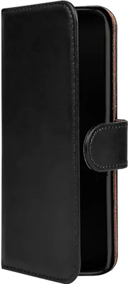 A black flip case for a smartphone is shown from the side, with the front cover open.