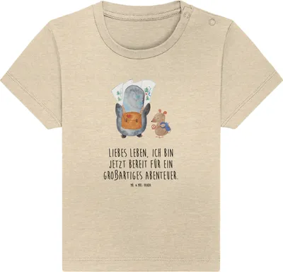 Produktbild von Mr. & Mrs. Panda Babyshirt Pinguin & Maus Wanderer 0. - 6. Monat - Natural Raw - Geschenk, Abenteurer,  T-Shirt, Roadtrip, Wandern, Organic Baby, Kinder Top, Pinguine